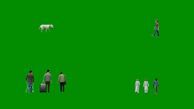 Walking people and animal pack for green screen compositing with chromakey background and 3d animated cartoon animation style. Rural motion footage for editing scenes and visual transitions.