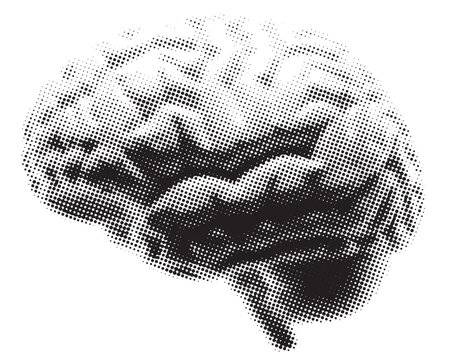 A black and white illustration of a human brain, rendered in a halftone dot pattern.