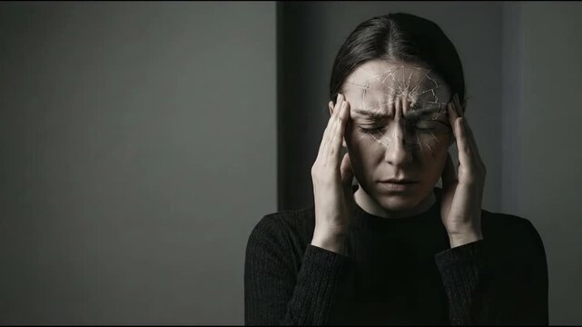 Caucasian woman with a pattern on her face experiencing a headache or stress, holding her head as a concept of pain and mental health. Looped video.