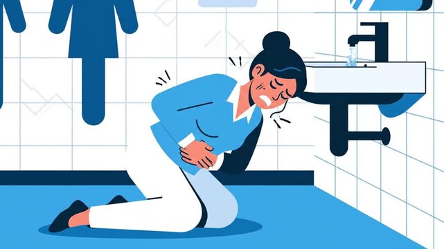 Woman Experiencing Severe Abdominal Pain In A Public Restroom.