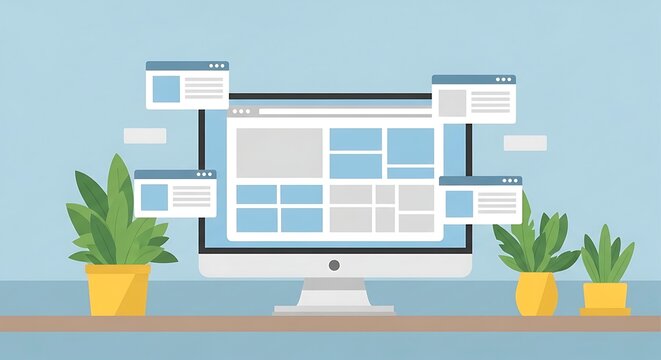 Desktop computer screen displaying multiple open windows and website layouts, surrounded by potted plants on a light blue background.