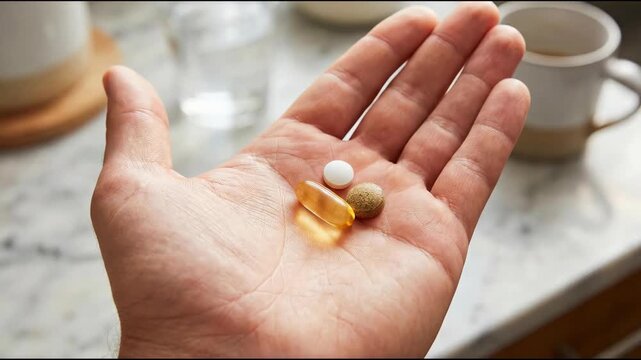 Caucasian man holding various medicine capsules and pills in his open palm with a cup and glass in the background, healthcare concept. Looped video.