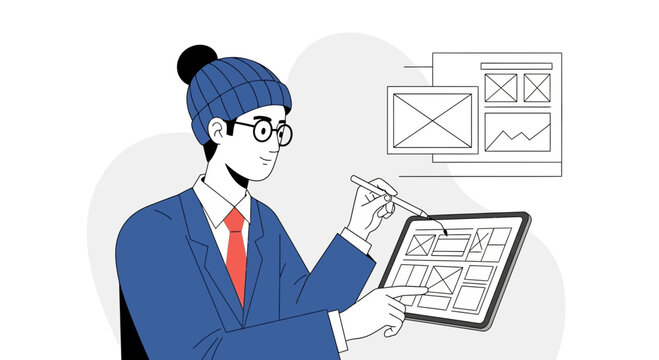 Designer creates wireframes on tablet, web design concept, UX UI illustration