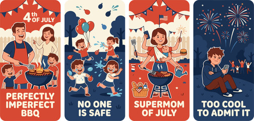 Fototapeta premium Colorful 4th of July greeting cards with festive illustrations and captions in playful style for Independence Day Isolated on white background