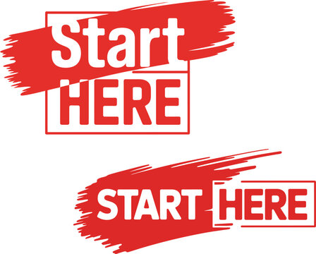 Start here signs, directional labels, red brush stroke arrows, vector icons