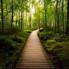 Fototapeta premium Sunlit wooden path winding through lush green forest