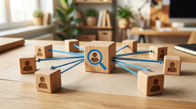 Wooden Blocks Connected to Central Hub with User Search Icon