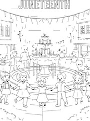 Obraz premium Kids holding hands around a city fountain for Juneteenth
