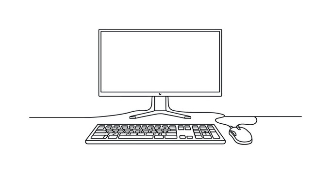 Minimalist Gaming Setup. Computer Games PC Setup. Minimalistic one-line drawing desktop monitor with keyboard