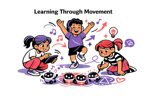  Collaborative robotics. Kids programming small glowing robots to dance and draw shapes