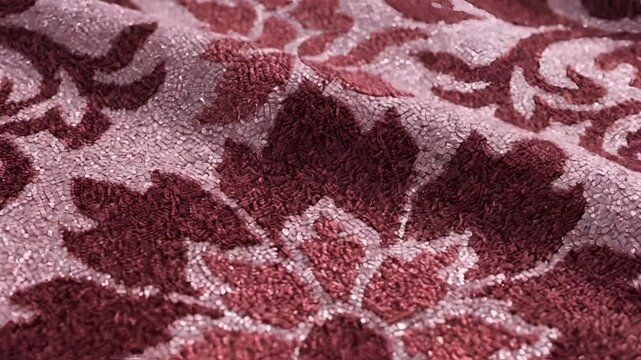 Closeup of a luxurious damask fabric with floral patterns in shades of burgundy and pink.