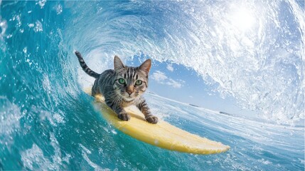 Funny cat riding surfboard inside ocean wave bright water splash summer action adventure scene