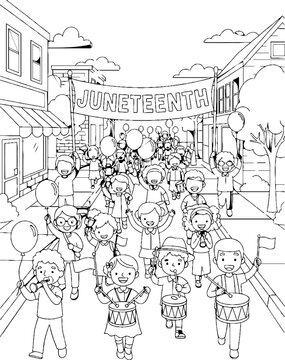 Juneteenth Parade with Children Marching and Playing Instruments