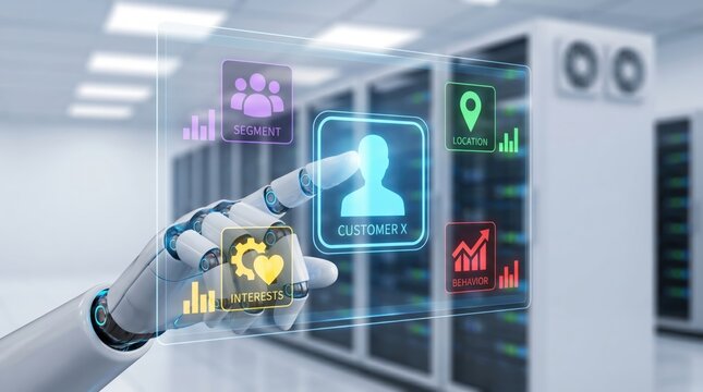 AI Customer Data Analytics Concept: Robotic Hand Interacting with Holographic Control Panel and User Profiling Interface