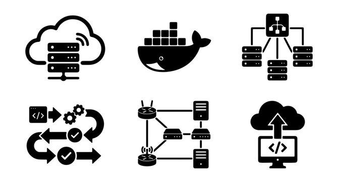 Cloud Computing Icons, Server Network, DevOps Workflow, Docker Whale Vector