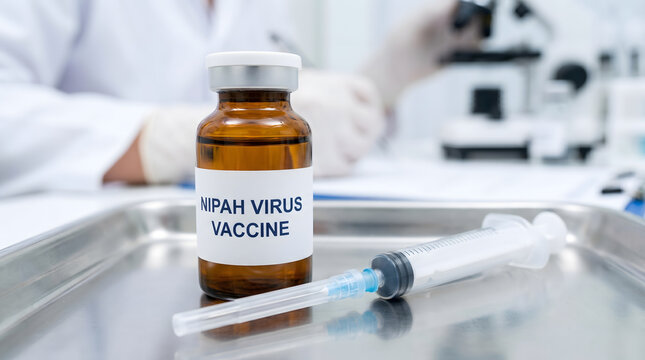 Nipah virus vaccine vial on metal tray with syringe in laboratory setting
