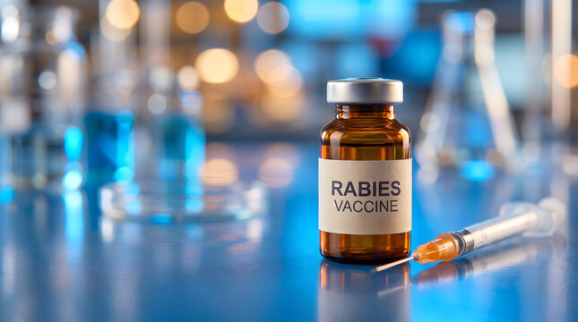 Rabies vaccine glass vial with syringe on shiny laboratory table with blurred background