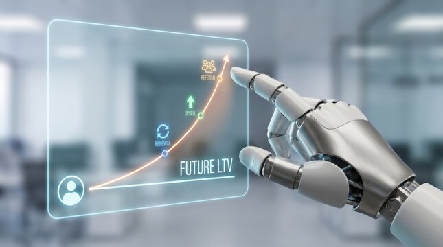 Customer Lifetime Value and Growth Concept: Robotic Hand Interacting with Holographic Chart for Business Retention and Expansion