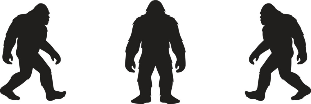 Three bigfoot silhouettes walking on a white background illustration