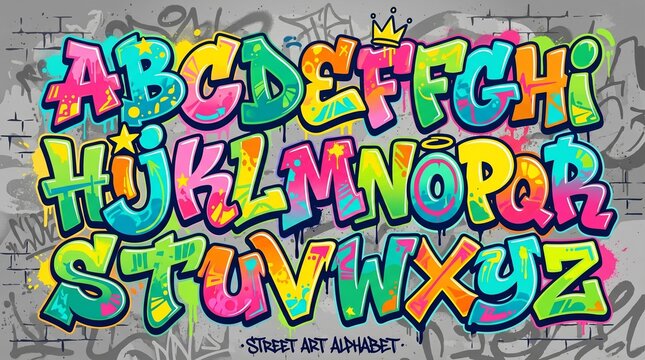 A colorful street art alphabet on a gray brick wall background. The letters A-Z are bold, 3D-style graffiti with bright neon colors like pink, blue, green, yellow, and orange, outlined in black. Some 