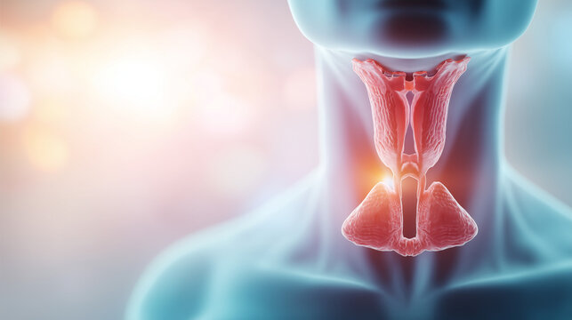 Detailed medical illustration of thyroid gland highlighted in human neck anatomy, endocrinology and hormone health concept
