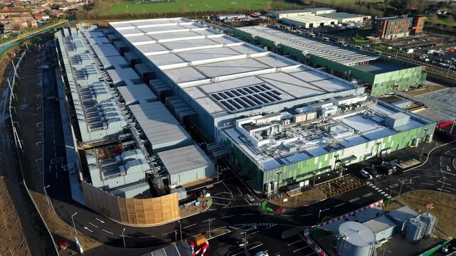 Drone view of a large-scale colocation data center and tech infrastructure in England.
