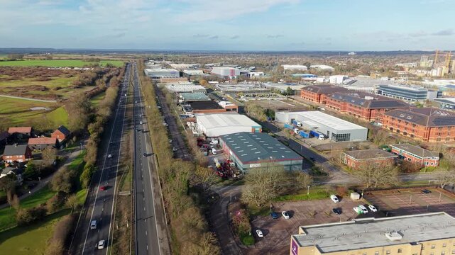 Aerial view of commercial manufacturing plants and industrial architecture in Stevenage.