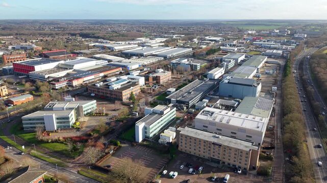 Drone view of the Stevenage industrial zone featuring advanced manufacturing and storage.