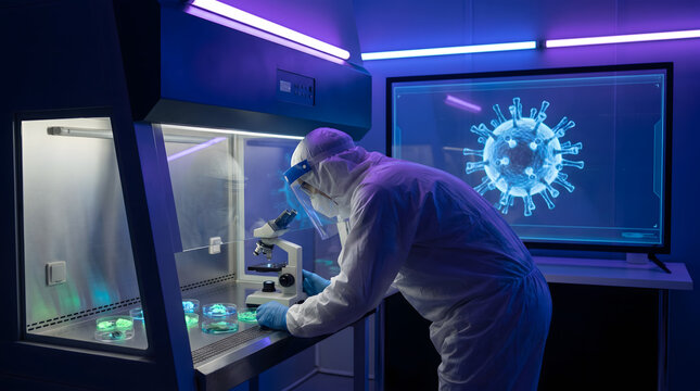 Scientist in protective suit using microscope in dark blue lab with virus screen display