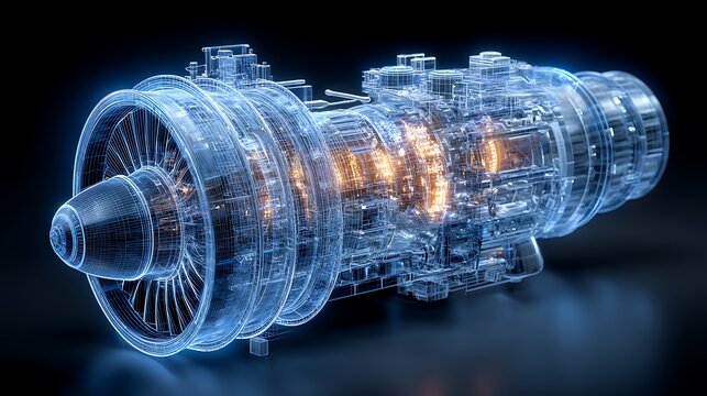 Jet engine turbine hologram with glowing blue wireframe and golden internal energy core representing digital twin technology and advanced aerospace engineering innovation