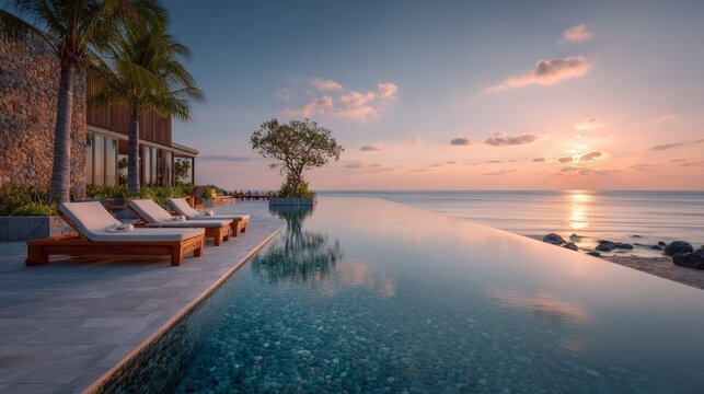 A pool by the ocean at sunset, complete with sun loungers, provides the perfect backdrop for advertising a luxury holiday and relaxation.