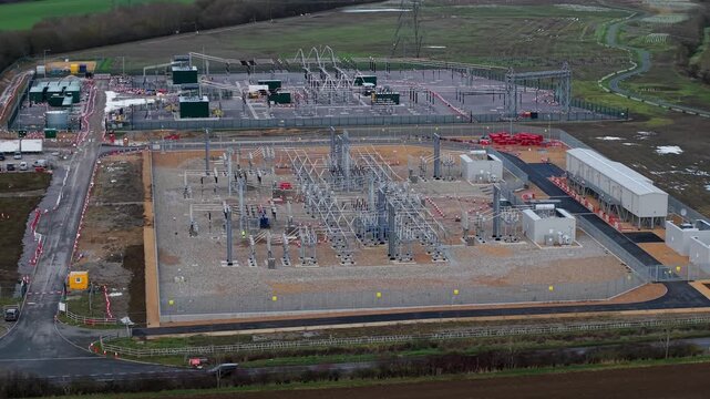 Aerial view of the new National Grid 400kV substation near Biggleswade, UK.