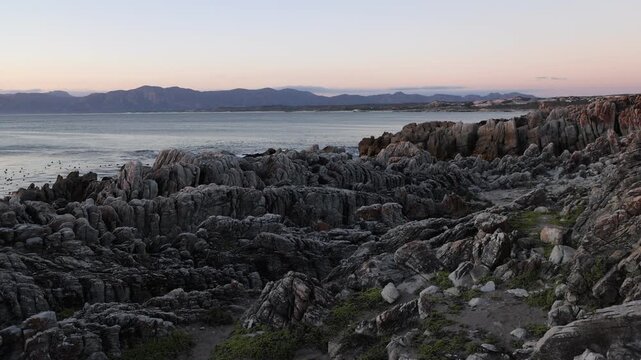 rocky coastline of DeKelders, Gansbaai, South Africa at sunset