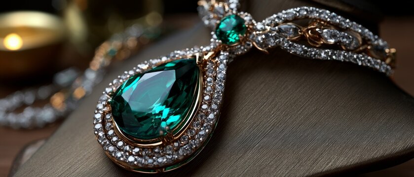 This exquisite emerald and diamond necklace sparkles with opulence, providing an elegant backdrop for the jewellery industry.