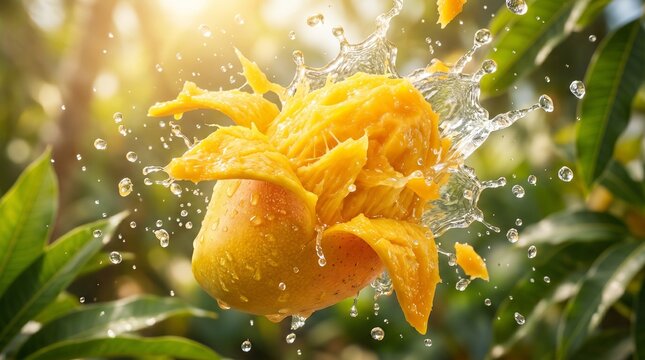 Ultra realistic macro of fresh yellow mango chunks with dynamic water splash in bright tropical garden setting, lush green background.