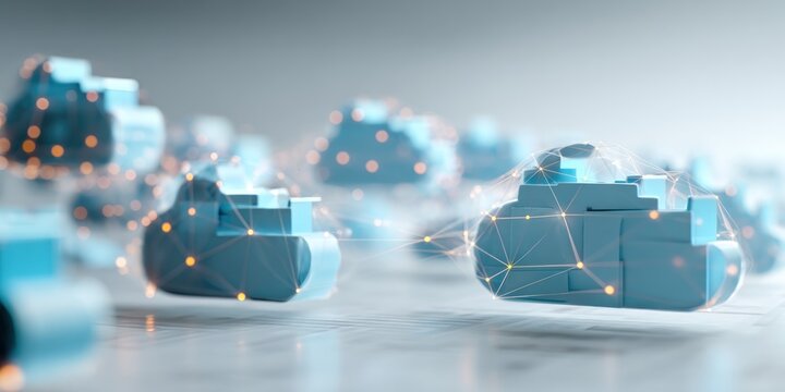 Abstract cloud computing graphic with interconnecting nodes and soft blue colors