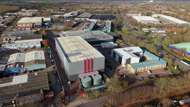 Aerial view of a high-tech business park and industrial estate in Hertfordshire, England.