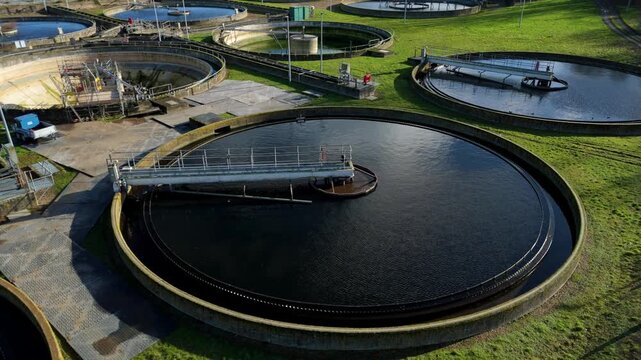 Drone view of bio-solid processing and anaerobic digester domes near the Lea Valley.