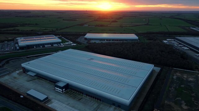 Aerial view of industrial distribution centers at sunset in Peterborough, UK.