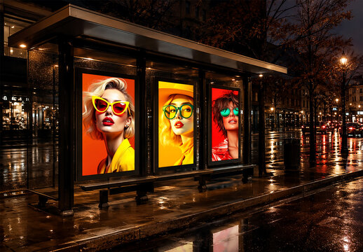 Bus Stop Advertising Billboard Mockup with Fashion Posters at Night