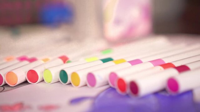 colorful marker pens arranged on table. Creative tools for drawing, art, and school supplies concept.