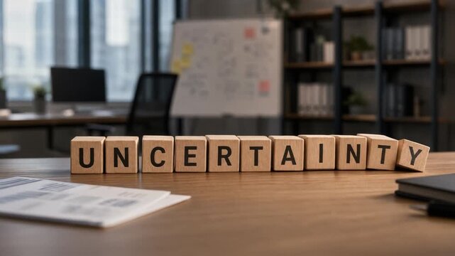 Wooden blocks spelling uncertainty on office desk with blurred background symbolizing business challenges and decision making