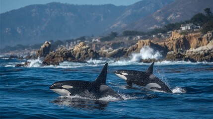 Naklejka premium Two orcas swim off a rocky shore with crashing waves, providing a majestic backdrop for content about wildlife and marine life.
