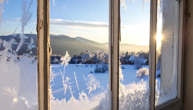 A serene winter landscape viewed through frosty windows