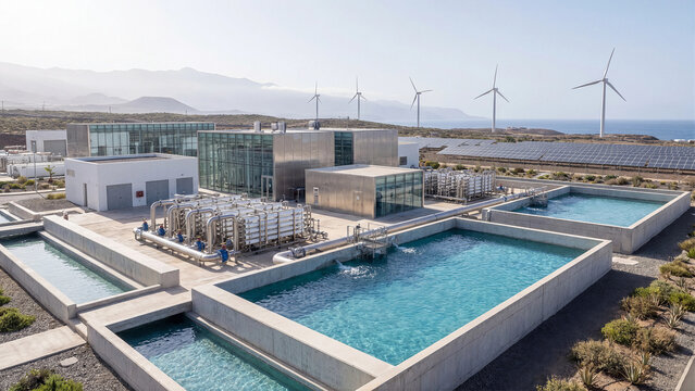 Coastal water desalination treatment plant with concrete pools processing units surrounded by solar panels and wind turbines on coast renewable energy sustainable infrastructure concept view
