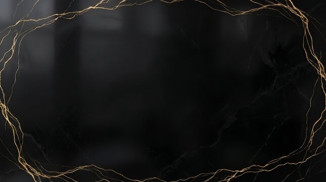 Luxury Black Marble Background with Gold Vein Border and Elegant Dark Copy Space