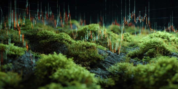 Abstract illustration of digital data charts above green mossy terrain with depth of field
