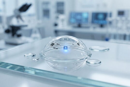 Smart Contact Lens with Embedded Microchip and Electronic Sensors on Glass Surface in Modern Medical Laboratory