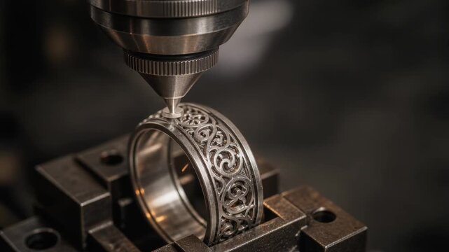 Close up of laser engraving decorative silver ring with sparks flying in jewelry making process
