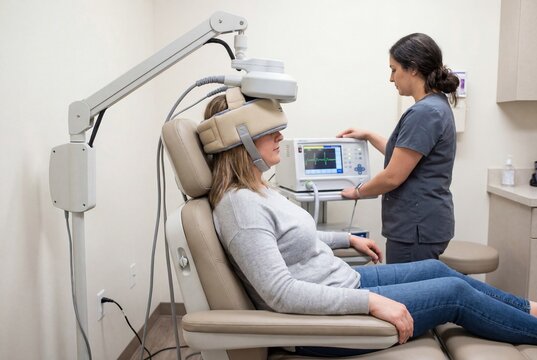  Female Patient Receiving Transcranial Magnetic Stimulation TMS Therapy for Depression with Healthcare Technician Operating Equipment in Modern Medical Clinic